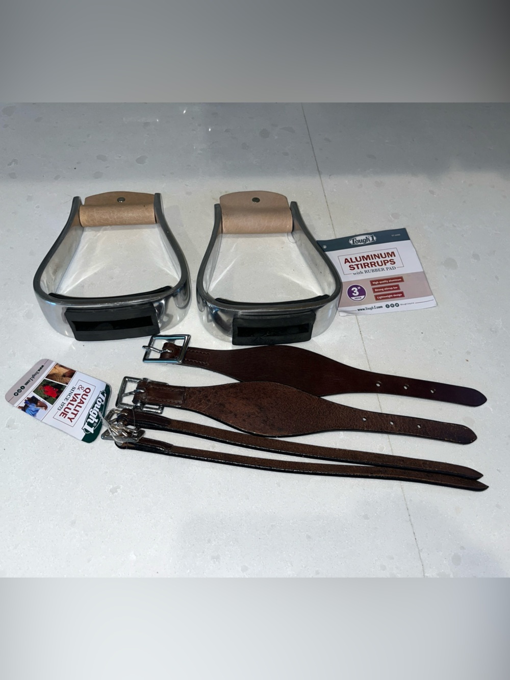 NWT Tough1 Aluminum Stirrups w/ Leather Stirrup Leathers Western Saddle Set NEW
